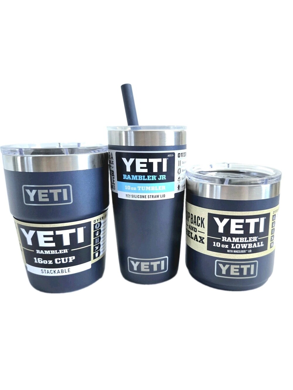 Yeti Rambler Set Of 3- 10oz Low, 16oz Stackable, 10oz Straw Tumblers Blue w/lids